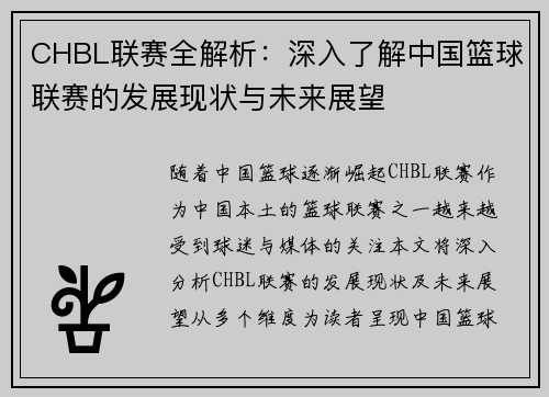CHBL联赛全解析:深入了解中国篮球联赛的发展现状与未来展望