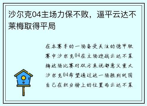 沙尔克04主场力保不败，逼平云达不莱梅取得平局